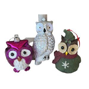 Unbranded Lot of 3 Owl Holiday Ornaments Metallic Pink & White, Green (READ)